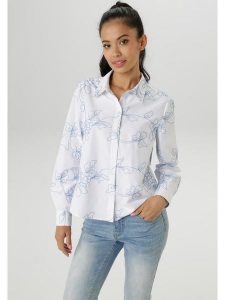 Aniston Bluzka w kolorze biało-błękitnym rozmiar: 40. Białe bluzki Aniston, bez wzorów, bez kołnierzyka, bez ramiączek. Za 65,54 zł.