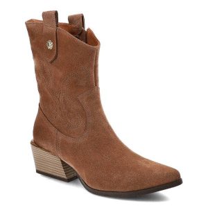 Brązowe Eleganckie Botki Karino Na Obcasie. Brązowe botki Karino, bez wzorów, z weluru, bez obcasa, na obcasie, bez zapięcia. Za 419,00 zł.
