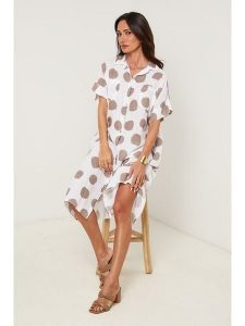 Le Monde du Lin Lniana sukienka w kolorze biało-szarobrązowym rozmiar: 40/42. Białe sukienki Le Monde du Lin, bez wzorów, ze lnu, z asymetrycznym kołnierzem, bez ramiączek, midi, asymetryczne. Za 173,99 zł.