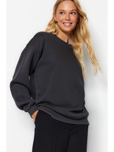 Trendyol Bluza w kolorze antracytowym rozmiar: L. Czarne bluzy Trendyol, l, bez wzorów, z bawełny, bez kaptura. Za 74,28 zł.