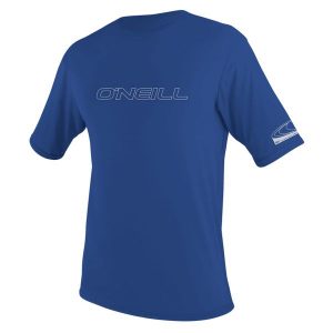 Koszulka ONeill Basic Skins S/S Sun Shirt Pacific. Niebieskie bluzki O'Neill, s, bez wzorów, ze skóry, sportowe, bez kołnierzyka, bez ramiączek. Za 99,99 zł.