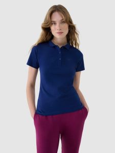 4F Koszulka polo slim damska - granatowa L. Niebieskie bluzki 4f, l, bez wzorów, z bawełny, klasyczne, bez kołnierzyka, bez ramiączek. Za 89,99 zł.