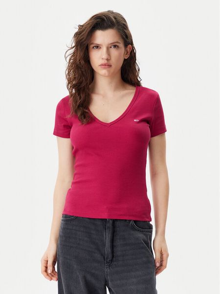 Tommy Jeans T-Shirt Essential DW0DW17385 Różowy Slim Fit. Czerwone t-shirty Tommy Jeans, xxs, bez wzorów, z bawełny, bez kołnierzyka, bez ramiączek. Za 109,99 zł.