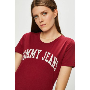 Tommy Jeans - Top. Brązowe t-shirty marki Tommy Jeans, z nadrukiem, z bawełny, z okrągłym kołnierzem, z krótkim rękawem. W wyprzedaży za 99,90 zł.