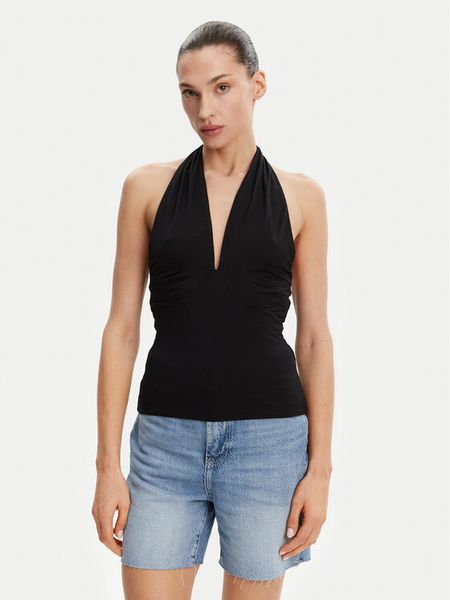 Guess Top W5GP16 KACM2 Czarny Slim Fit. Czarne topy Guess, xs, z aplikacjami, bez kołnierzyka, bez ramiączek. Za 129,99 zł.