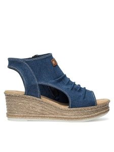Rieker Sandały 68791-12 Granatowy. Niebieskie sandały Rieker, bez wzorów, z materiału, bez obcasa, na koturnie, bez zapięcia. Za 329,99 zł.