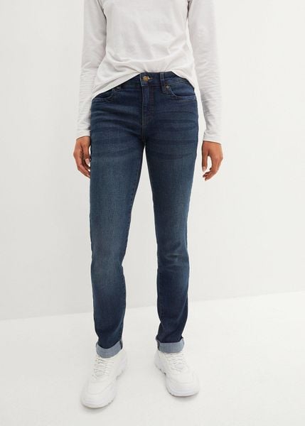 Jeansy ze stretchem straight, mid waist. Niebieskie jeansy bonprix, bez wzorów, z jeansu. Za 109,99 zł.