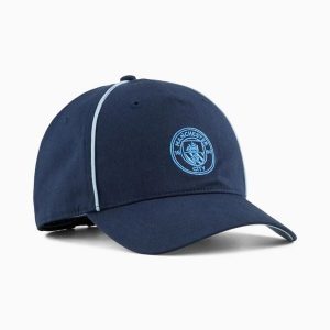 Czapka z daszkiem unisex Puma MCFC KING granatowa 02650204. Niebieskie czapki Puma, bez wzorów, z bawełny, sportowe. Za 92,08 zł.