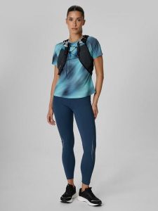 4F Legginsy do biegania szybkoschnące damskie - granatowe S. Niebieskie legginsy 4f, bez wzorów, z materiału, z podwyższonym stanem. Za 169,99 zł.