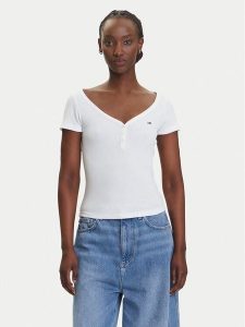 Tommy Jeans T-Shirt Henley DW0DW20902 Biały Slim Fit. Białe t-shirty Tommy Jeans, s, bez wzorów, z bawełny, bez kołnierzyka, bez ramiączek. Za 119,99 zł.