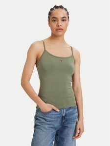 Tommy Jeans Top Essential DW0DW20675 Zielony Slim Fit. Zielone topy Tommy Jeans, s, bez wzorów, z bawełny, bez kołnierzyka, bez ramiączek. Za 109,99 zł.