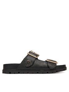 Guess Klapki FLTFST LEA03 Czarny. Czarne klapki Guess, z aplikacjami, ze skóry, bez obcasa. Za 439,99 zł.