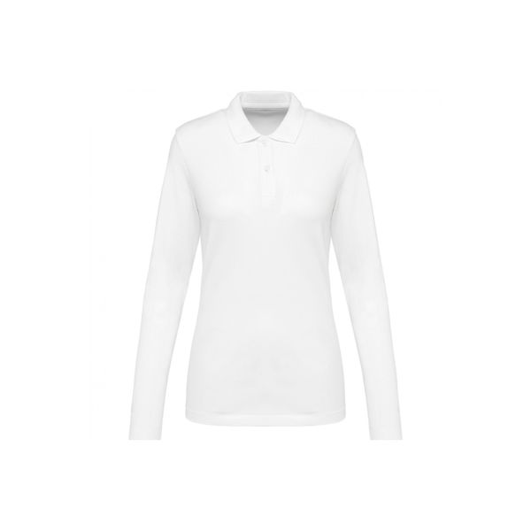 Damska koszulka polo z długim rękawem z suprimy Kariban Premium. Białe bluzki KARIBAN, bez wzorów, z bawełny, bez kołnierzyka, bez ramiączek. Za 173,00 zł.