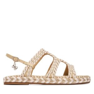 Sandały Guess. Brązowe sandały Guess, z aplikacjami, bez obcasa, na płaskiej podeszwie, bez zapięcia. Za 549,99 zł.