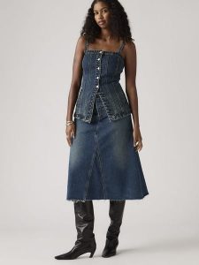 Levi's Spódnica dżinsowa w kolorze granatowym rozmiar: W33. Niebieskie spódnice Levi's®, s, z aplikacjami, z bawełny, klasyczne, midi. Za 149,31 zł.