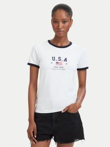 Guess Jeans T-Shirt W6YI16 K3995 Biały Slim Fit. Białe t-shirty Guess Jeans, m, z aplikacjami, z bawełny, bez kołnierzyka, bez ramiączek. Za 159,99 zł.