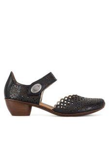 Rieker Półbuty 43753-00 Czarny. Czarne czółenka Rieker, bez wzorów, ze skóry, bez obcasa, na obcasie, bez zapięcia. Za 319,99 zł.