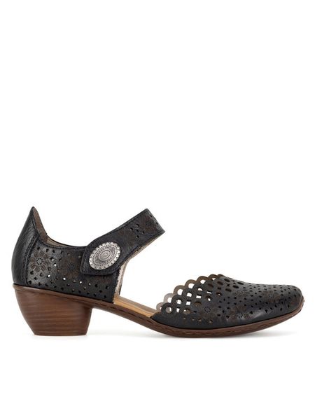 Rieker Półbuty 43753-00 Czarny. Czarne czółenka Rieker, bez wzorów, ze skóry, bez obcasa, na obcasie, bez zapięcia. Za 319,99 zł.