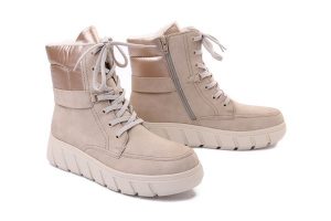 RIEKER Y3503-62 beige, trzewiki damskie. Brązowe buty zimowe Rieker, bez obcasa, bez zapięcia. Za 389,90 zł.