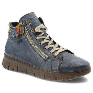 Niebieskie Botki Rieker Wygodne Buty Damskie. Niebieskie botki Rieker, bez wzorów, bez obcasa, bez zapięcia. Za 439,00 zł.
