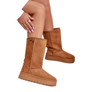 Wysokie Śniegowce Na Platformie Big Star OO274893 Camel brązowe. Brązowe buty zimowe bez obcasa, na platformie, bez zapięcia. Za 205,59 zł.
