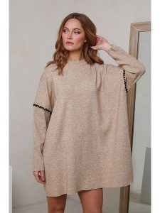 Joséfine Sukienka dzianinowa w kolorze beżowym rozmiar: S. Brązowe sukienki Joséfine, s, z aplikacjami, z dzianiny, bez kołnierzyka, bez ramiączek, mini. Za 181,33 zł.