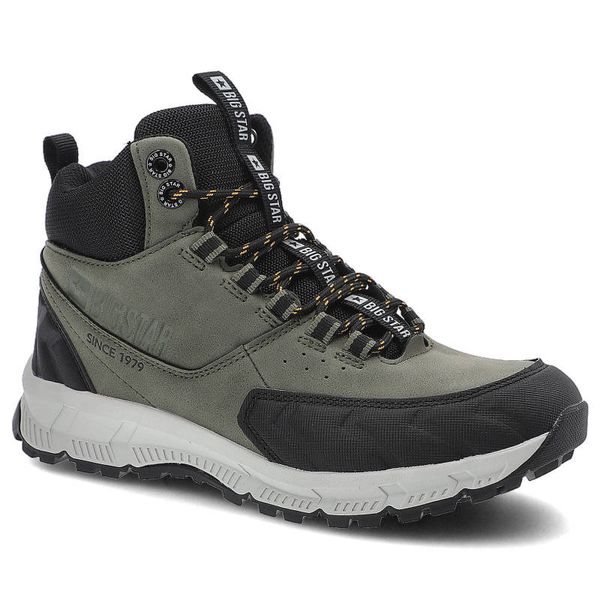 Trekkingi unisex Big Star, skóra ekologiczna i materiał tekstylny wysoka cholewka sznurowanie wzmocniony nosek i pięta podeszwa z bieżnikiem i amorty. Zielone botki Big Star, bez wzorów, z materiału, przed kolano, bez obcasa, bez zapięcia. Za 199,00 zł.