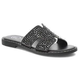 Klapki damskie Filippo, materiałowe zdobione na płaskim obcasie eleganckie, czarne, DK6973-25-BK. Czarne klapki Filippo, z aplikacjami, z materiału, bez obcasa, na płaskiej podeszwie. Za 109,00 zł.