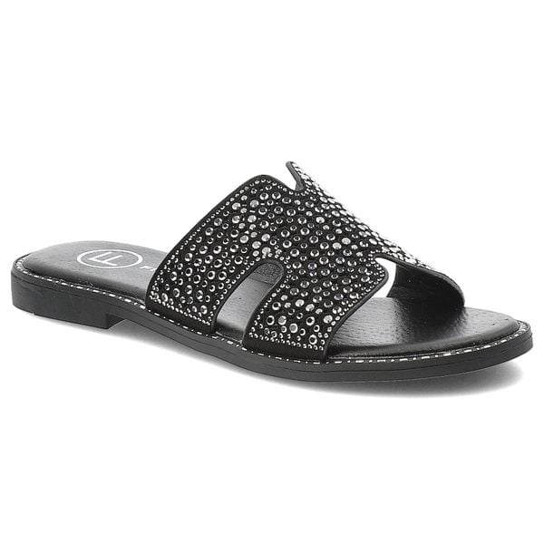 Klapki damskie Filippo, materiałowe zdobione na płaskim obcasie eleganckie, czarne, DK6973-25-BK. Czarne klapki Filippo, z aplikacjami, z materiału, bez obcasa, na płaskiej podeszwie. Za 109,00 zł.