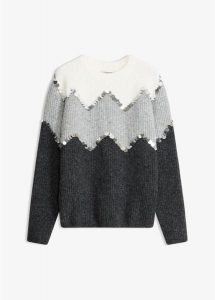 Sweter z aplikacją z cekinów. Szare swetry klasyczne bonprix, bez kołnierzyka. Za 159,99 zł.