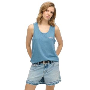 Damski tank top Superdry Essential GD. Niebieskie topy Superdry, bez wzorów, eleganckie, bez kołnierzyka, bez ramiączek. W wyprzedaży za 95,85 zł.
