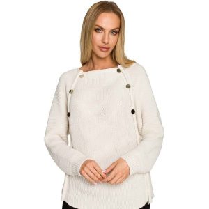 Sweter z Metalowymi Guzikami - Kość Słoniowa. Białe swetry klasyczne MOE, l, z materiału, bez kołnierzyka. Za 254,90 zł.