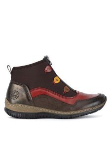 Rieker Botki N3277-25 Brązowy. Brązowe botki Rieker, bez wzorów, z materiału, bez obcasa, na płaskiej podeszwie, bez zapięcia. Za 244,99 zł.