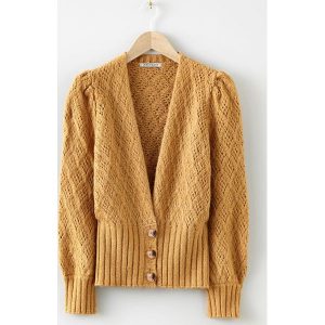 Sweter rozpinany z wysokim ściągaczem. Żółte kardigany bonprix, bez kołnierzyka. Za 147,99 zł.