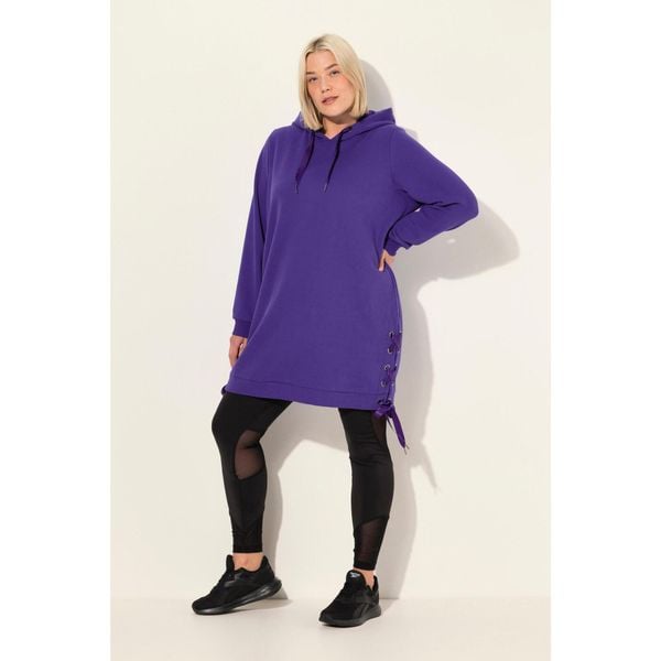Damskie Długa bluza z kapturem tasiemka satynowa kaptur długi rękaw. Fioletowe bluzy Ulla Popken, plus size, bez wzorów, z bawełny, z kapturem. W wyprzedaży za 191,99 zł.