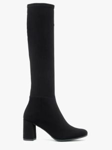 Czarne kozaki z elastyczną wąską cholewką. Czarne kozaki Ryłko, bez wzorów, z nubiku, z okrągłym noskiem, bez obcasa, na obcasie, bez zapięcia. Za 499,99 zł.