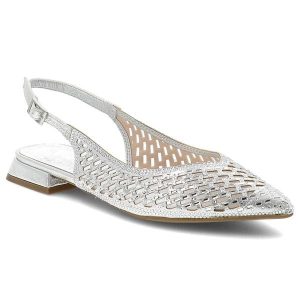 Sandały damskie S.Barski, cholewka ze skóry ekologicznej z metalicznym wykończeniem ażurowa pleciona konstrukcja na niskim obcasie, srebrne, SR61-010. Szare sandały S.BARSKI, w ażurowe wzory, ze skóry ekologicznej, bez obcasa, bez zapięcia. Za 199,00 zł.