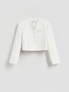 Krótka marynarka z bawełną - biały. Białe marynarki i żakiety Reserved, l, bez wzorów, z bawełny. Za 199,99 zł.