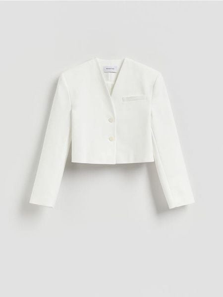 Krótka marynarka z bawełną - biały. Białe marynarki i żakiety Reserved, l, bez wzorów, z bawełny. Za 199,99 zł.