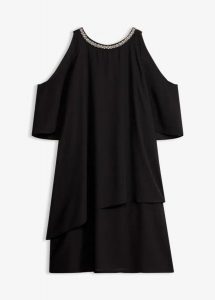 Sukienka koszulowa. Czarne sukienki bonprix, z aplikacjami, z szyfonu, eleganckie, bez kołnierzyka, bez ramiączek, koszulowe. Za 239,99 zł.