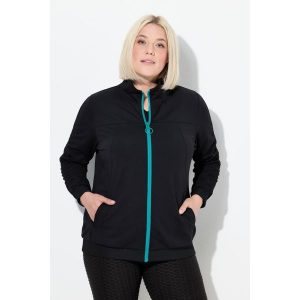 Damskie Bluza dresowa rękawy marszczone kaptur 2-kierunkowy zamek błyskawiczny. Czarne bluzy Ulla Popken, plus size, bez wzorów, z dresówki, bez kaptura. W wyprzedaży za 279,99 zł.