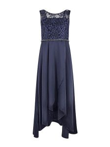 Happy girls by Eisend Sukienka w kolorze granatowym rozmiar: L. Niebieskie sukienki happy girls by Eisend, na co dzień, l, bez wzorów, z koronki, z asymetrycznym kołnierzem, bez ramiączek, maxi, asymetryczne. Za 201,08 zł.