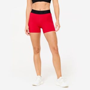 Spodenki fitness damskie Domyos. Czerwone szorty DOMYOS, bez wzorów, z elastanu, sportowe. Za 79,99 zł.