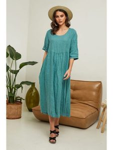 Joséfine Lniana sukienka "Gustav" w kolorze zielonym rozmiar: S. Zielone sukienki Joséfine, s, bez wzorów, ze lnu, bez kołnierzyka, bez ramiączek, midi, rozkloszowane. Za 195,99 zł.