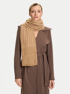 Tommy Hilfiger Szalik Flag Fluffy AW0AW17787 Beżowy. Brązowe rękawiczki TOMMY HILFIGER, bez wzorów, z materiału. Za 259,99 zł.