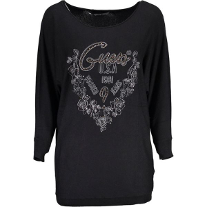 Sweter w kolorze czarnym. Czarne swetry oversize marki Guess, z nadrukiem, z długim rękawem. W wyprzedaży za 249,95 zł.