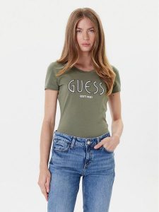 Guess T-Shirt W5YI05 J1314 Khaki Regular Fit. Brązowe t-shirty Guess, m, z aplikacjami, z bawełny, bez kołnierzyka, bez ramiączek. Za 119,99 zł.