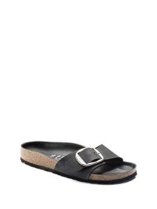 Birkenstock Skórzane klapki w kolorze czarnym rozmiar: 38. Czarne klapki Birkenstock, bez wzorów, z nubiku, z otwartym noskiem, bez obcasa. Za 392,95 zł.
