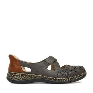 Półbuty Rieker. Niebieskie półbuty Rieker, bez wzorów, bez obcasa, na płaskiej podeszwie, bez zapięcia. Za 359,99 zł.