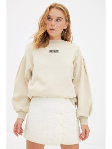 Trendyol Bluza w kolorze beżowym rozmiar: S. Brązowe bluzy Trendyol, s, bez wzorów, z bawełny, bez kaptura. Za 70,24 zł.